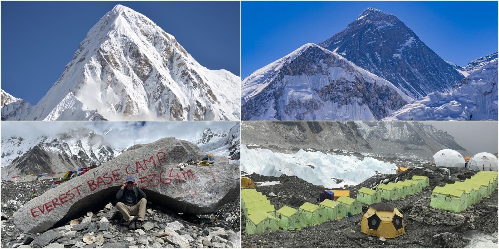 Everest Base Camp with colorful expedition tents, the iconic Everest Base Camp rock, Mount Everest, Pumori, the Khumbu Glacier, and trekkers enjoying spectacular Himalayan scenery.