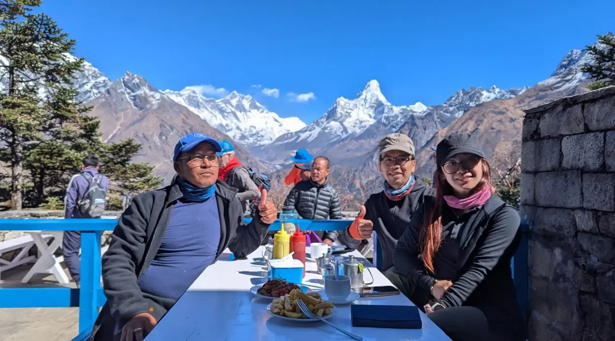 "Everest View Hotel overlooking Mount Everest, Ama Dablam, and the snow-capped Himalayan peaks from Syangboche near Namche Bazaar on the Everest Base Camp Trek"