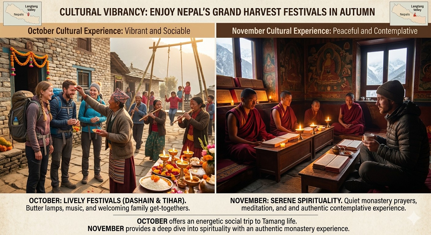 People celebrating Nepal’s autumn harvest festivals with traditional dances, colorful attire, and cultural rituals set against Himalayan village landscapes.