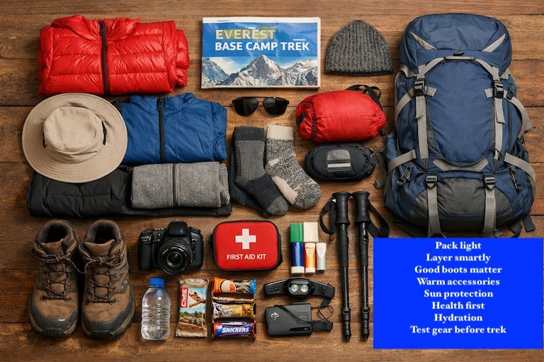 Essential packing list for the Everest Base Camp Trek, including hiking boots, warm clothing, sleeping bag, trekking poles, backpack, water bottle, first aid kit, and other high-altitude gear.