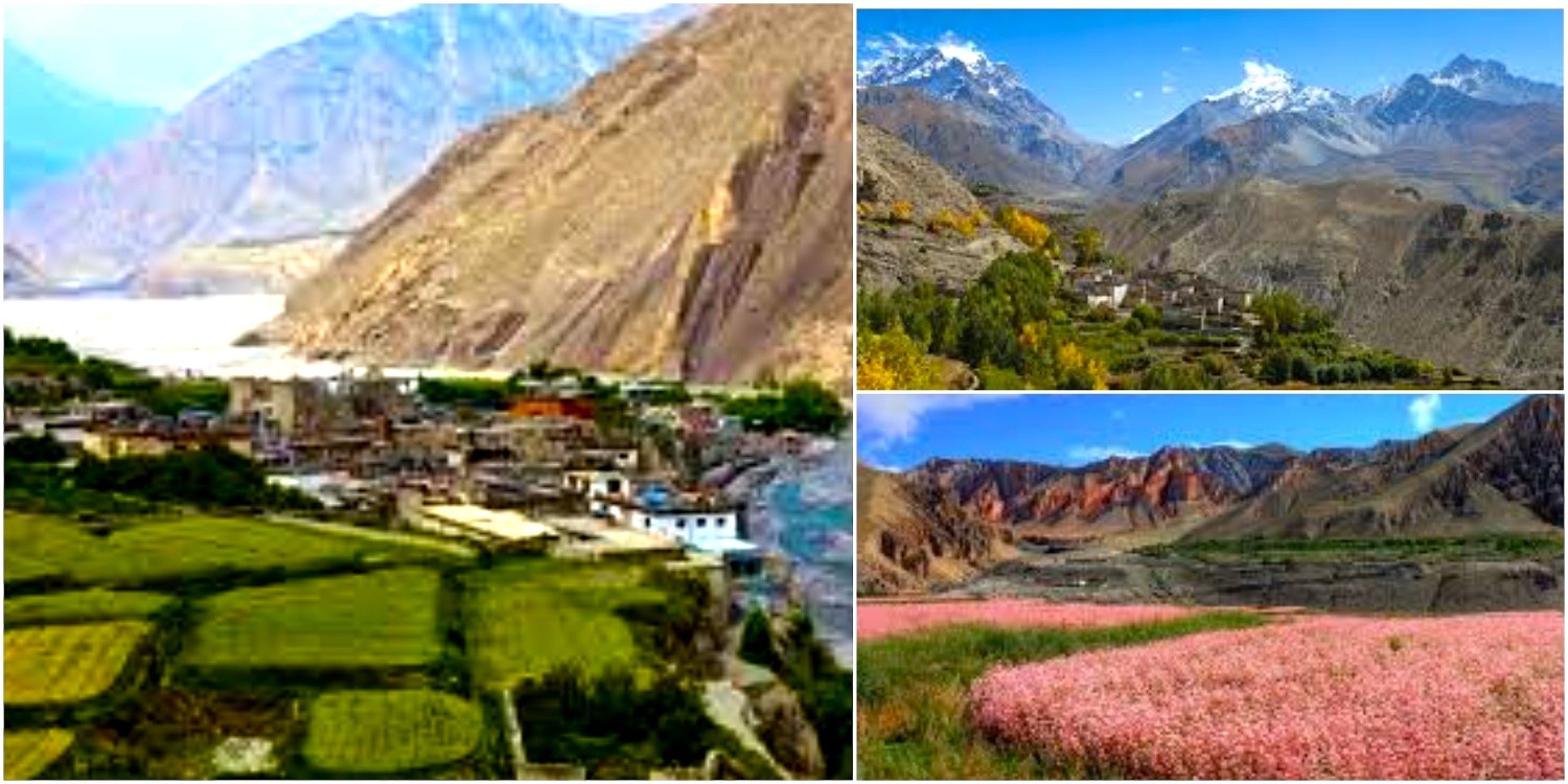 Autumn landscape in Upper Mustang, Nepal, featuring the ancient walled city of Lo Manthang, golden valleys, colorful prayer flags, traditional Tibetan villages, and clear views of the Himalayan mountains under blue skies.