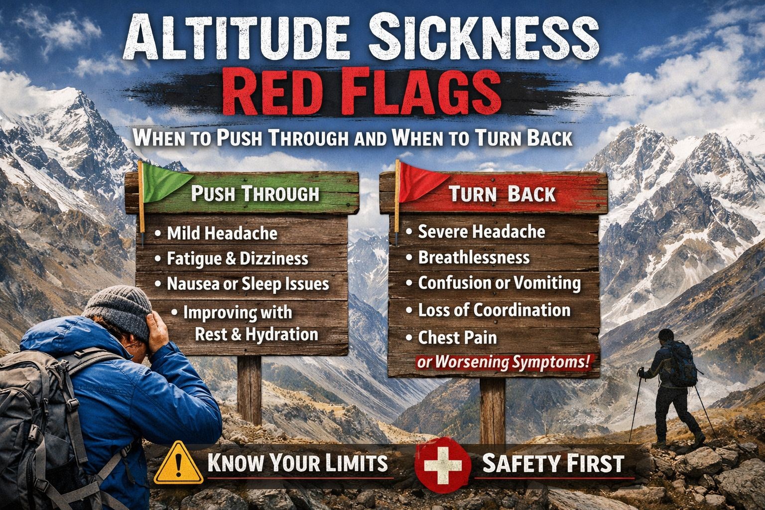 Infographic explaining altitude sickness red flags for high-altitude trekking, comparing mild symptoms that may improve with rest and hydration with serious symptoms requiring immediate descent.