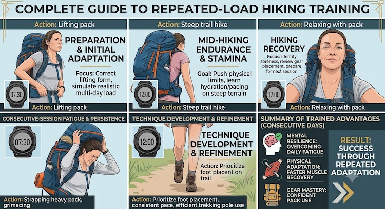 Trekker training with a loaded backpack on a mountain trail, preparing for the Manaslu Circuit Trek with back-to-back hiking days.
