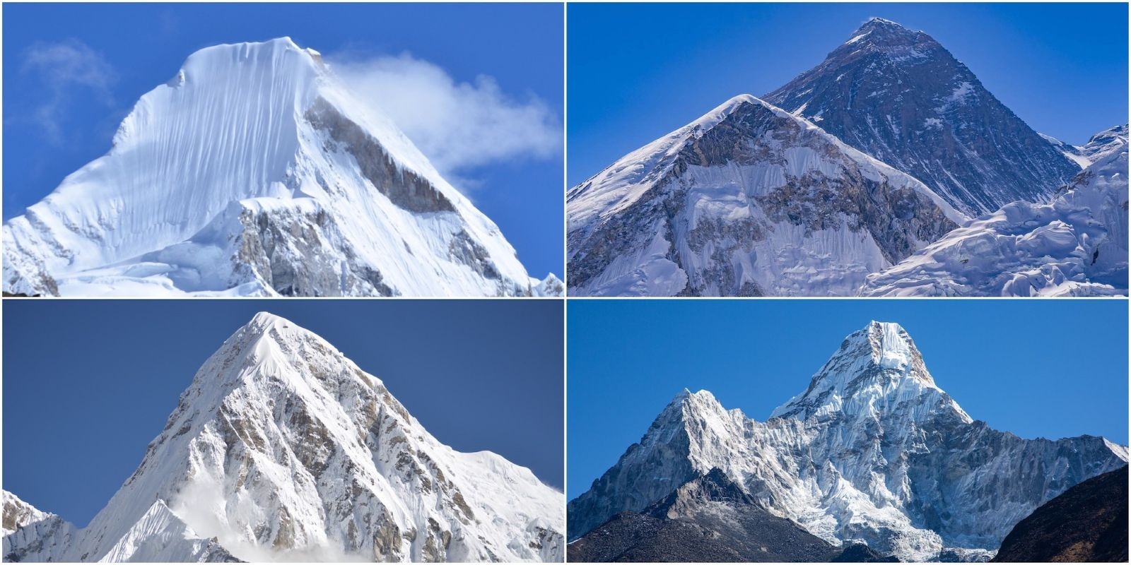 Collage of iconic Everest region peaks featuring Mount Everest, Ama Dablam, Nuptse, and Pumori with snow-covered Himalayan summits during the Everest Base Camp Trek in Nepal."