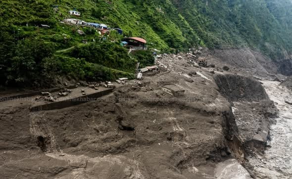 August 2026 flood damage along the Pasang Lhamu Highway from Kathmandu toward Syabrubesi in Rasuwa, Nepal.