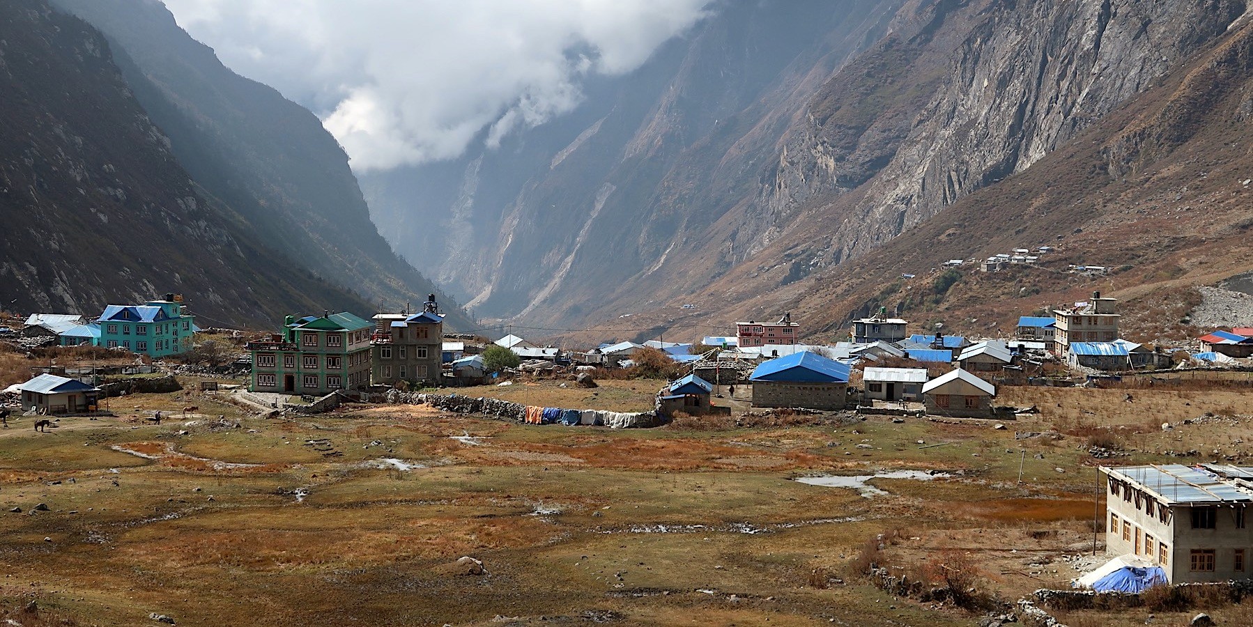 Langtang Village surrounded by rugged Himalayan mountains, traditional houses, and scenic landscapes along the Langtang Valley Trek.