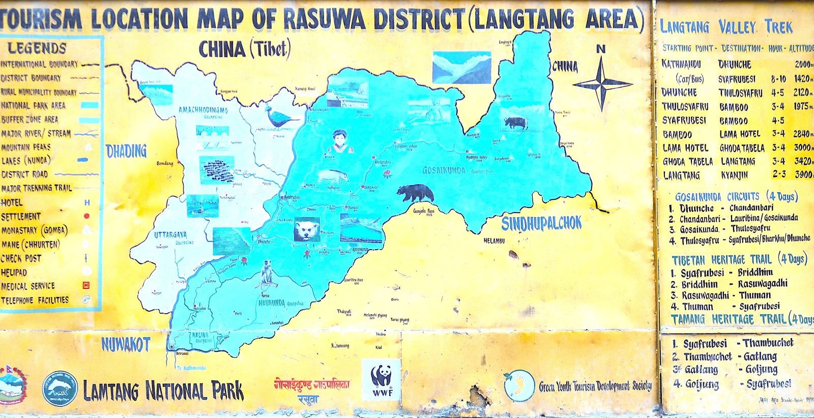 Langtang trekking map showing Syabrubesi, Langtang Valley, Gosainkunda, and major trekking routes in Rasuwa, Nepal