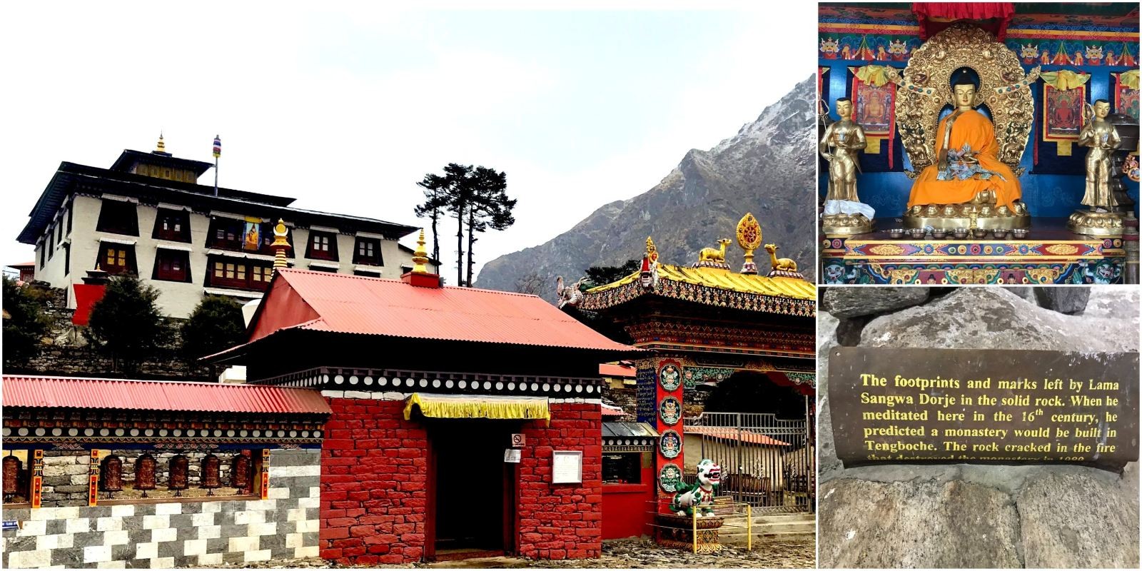 Tengboche Monastery on the Everest Base Camp Trek featuring the monastery entrance, a sacred Buddha statue inside the prayer hall, and the legendary meditation rock of Lama Sangwa Dorje, surrounded by the majestic Himalayas.