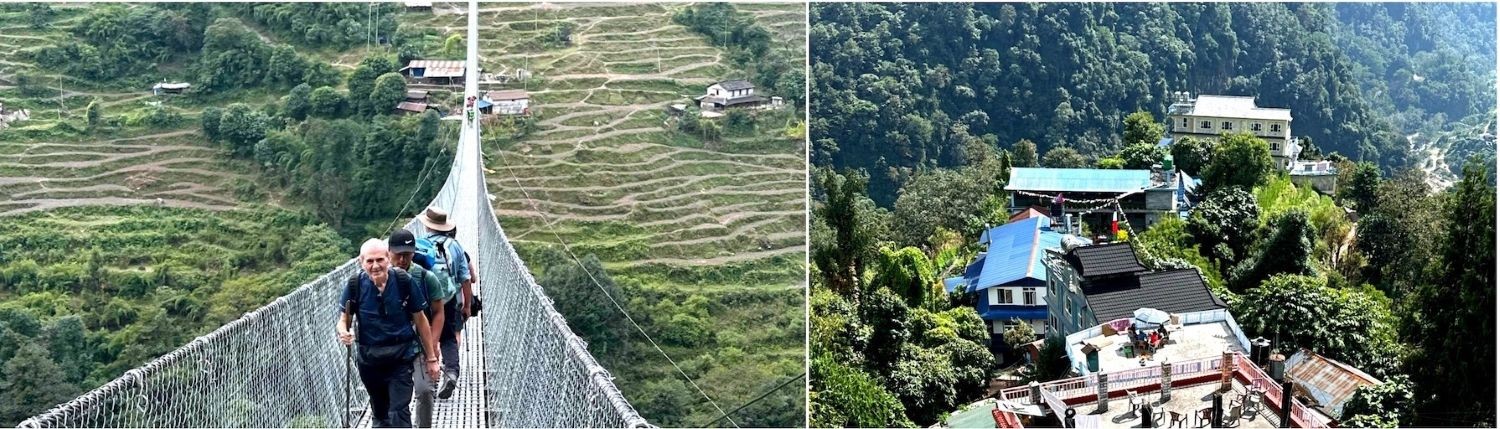Trekkers crossing a suspension bridge and scenic village views with terraced hillsides along the Annapurna Base Camp Trek route.