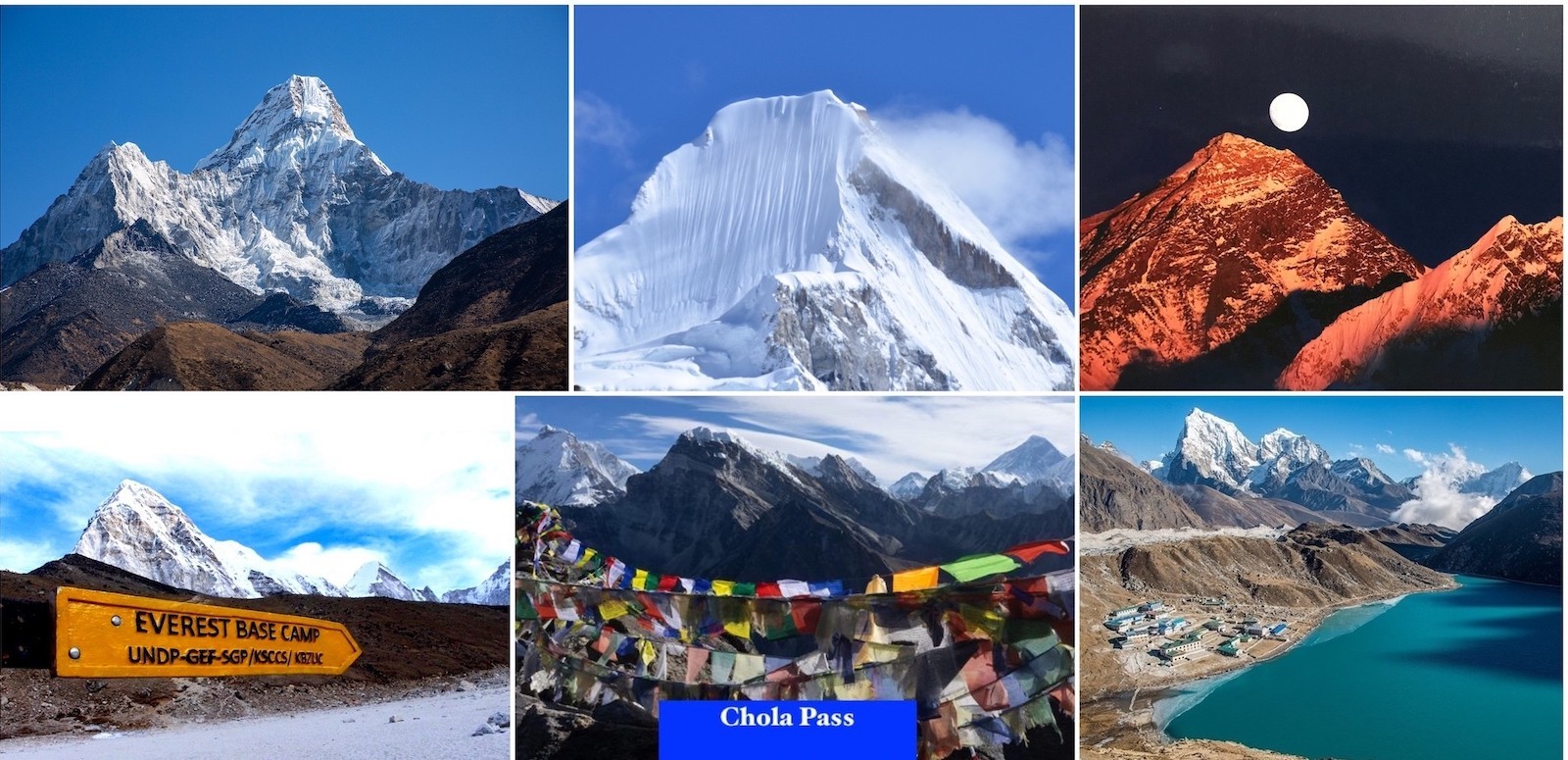 "Everest Base Camp and Gokyo Lakes Trek panoramic collage featuring Mount Ama Dablam, Mount Everest views, Everest Base Camp sign, Cho La Pass, and turquoise Gokyo Lake in the Himalayas of Nepal"
