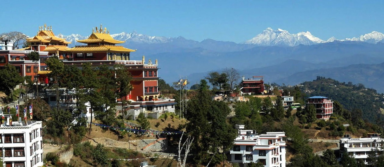 Namobuddha sunrise with monastery and Himalayan views