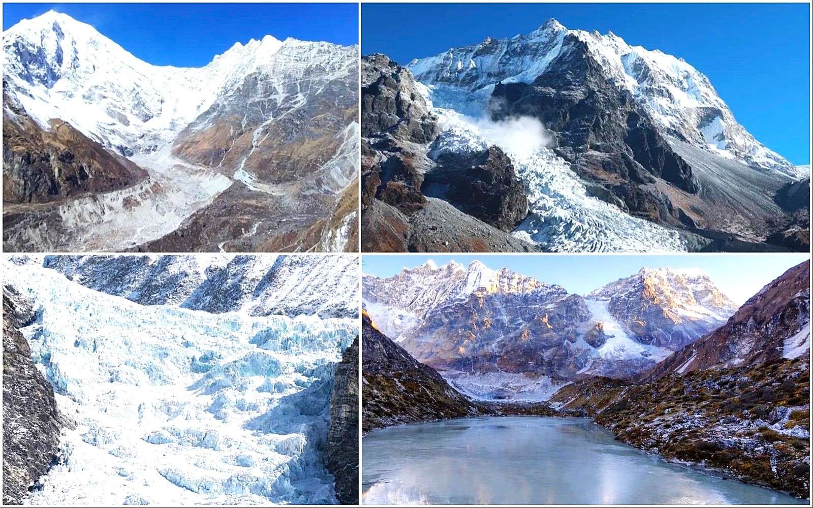 Snow-covered Himalayan peaks, rugged glaciers, and a partially frozen alpine lake surrounded by high mountain valleys.