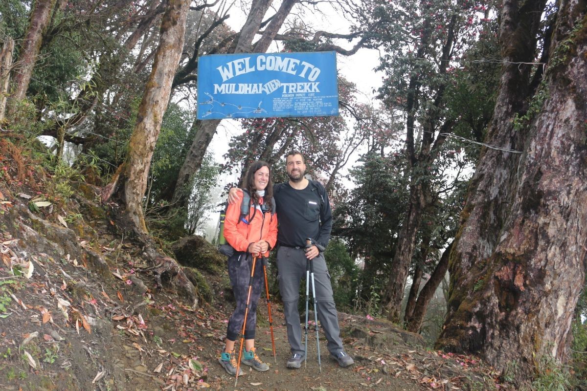 Peaceful forest trail on the Muldai Trek, winding through lush rhododendron and oak forests in the Annapurna region of Nepal