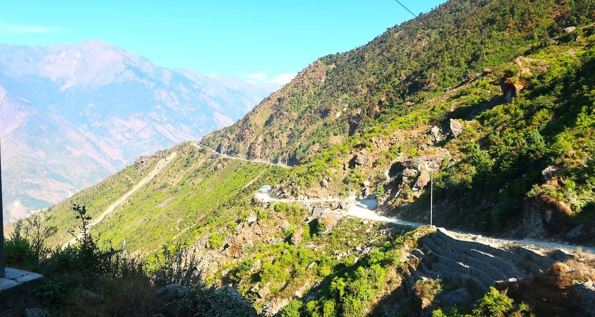 Scenic mountain road to Dhunche through the lush hills of Rasuwa, Nepal