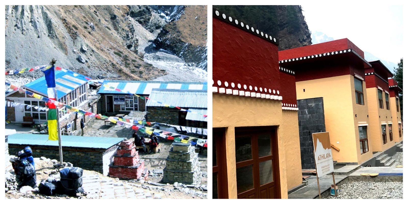 Accommodation on the Annapurna Circuit Trek showing a budget teahouse and a comfortable luxury mountain lodge with stunning Himalayan views.