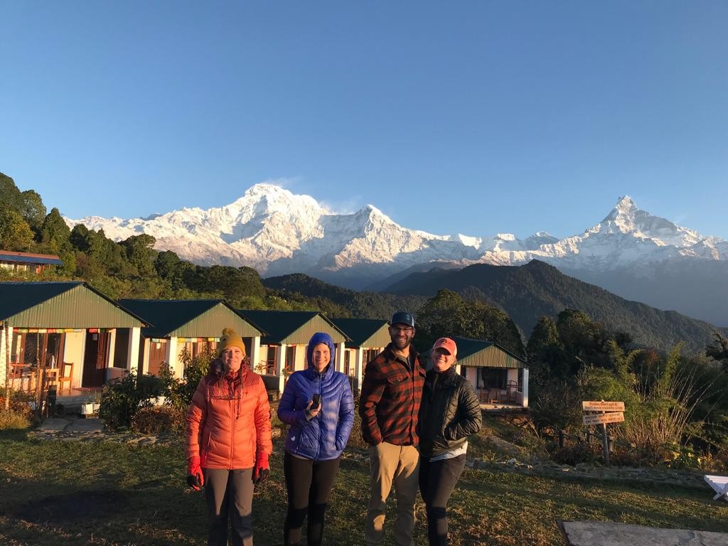 Australian Camp viewpoint with panoramic views of Machhapuchhre (Fishtail), Annapurna South, and the Annapurna mountain range near Pokhara, Nepal.