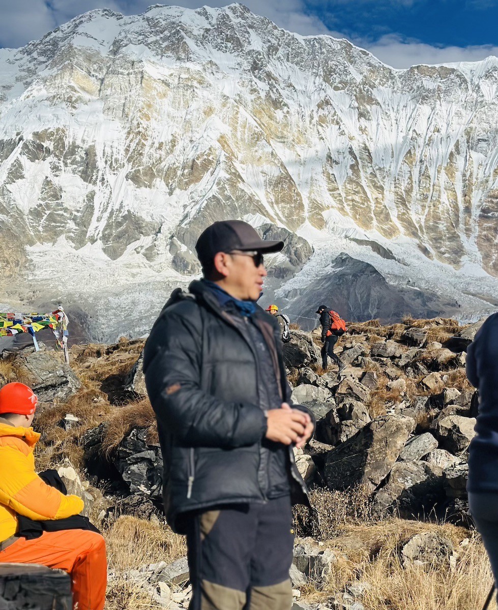 Down jacket used at High Camp on the Annapurna Circuit Trek in Nepal for freezing high-altitude night conditions”