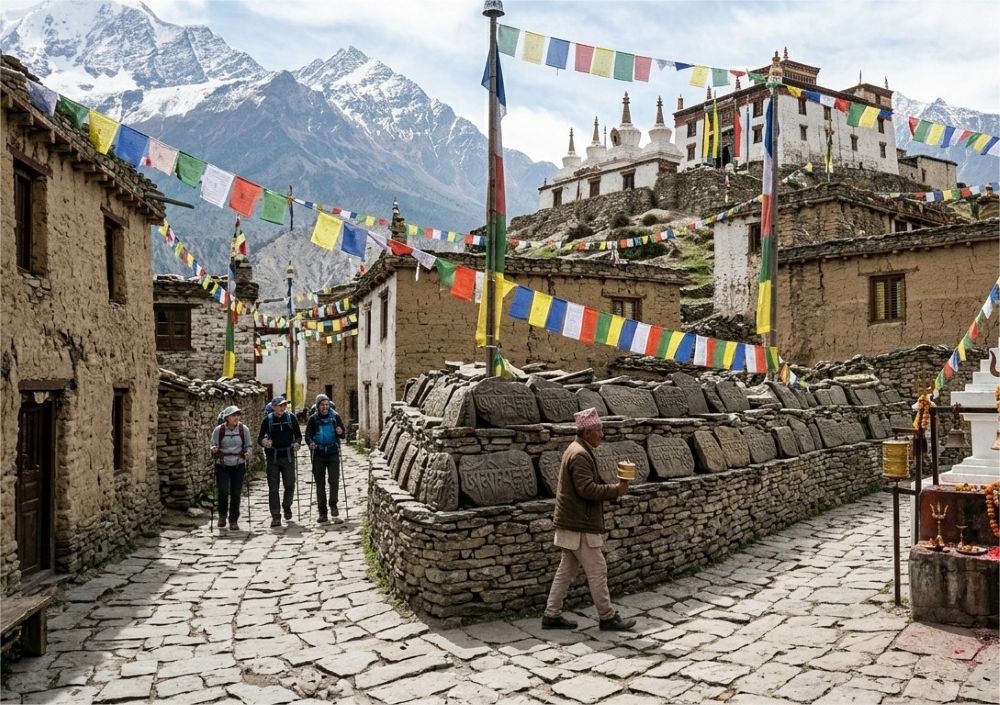 Prayer flags monasteries and Mani walls in Nepal Himalayan trekking spiritual landscape