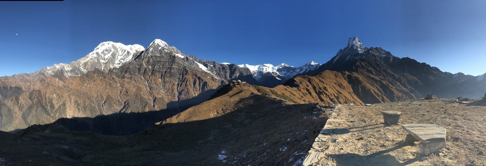 Panoramic view from Mardi Himal Viewpoint overlooking Machhapuchhre, Annapurna South, and the Himalayan peaks in Nepal