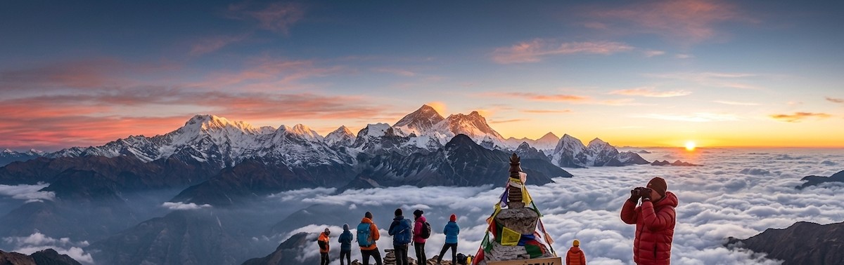 Panoramic sunrise view from Pikey Peak featuring Mount Everest, Makalu, Kanchenjunga, Numbur Himal, and the rolling hills of Solukhumbu under clear Himalayan skies.