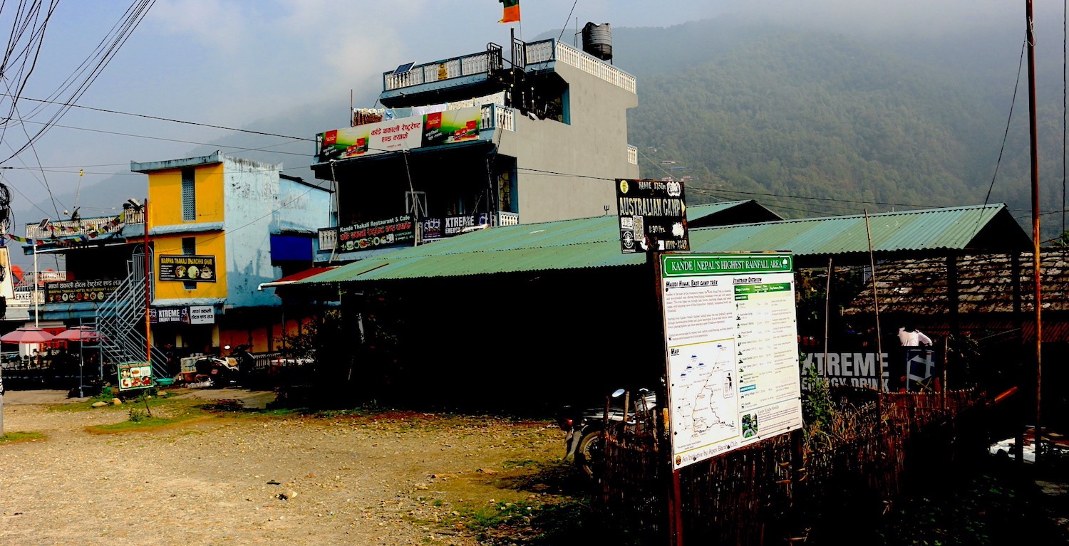 Kande village, the starting point of the Mardi Himal Trek, with scenic hills, traditional settlements, and Himalayan views near Pokhara, Nepal.