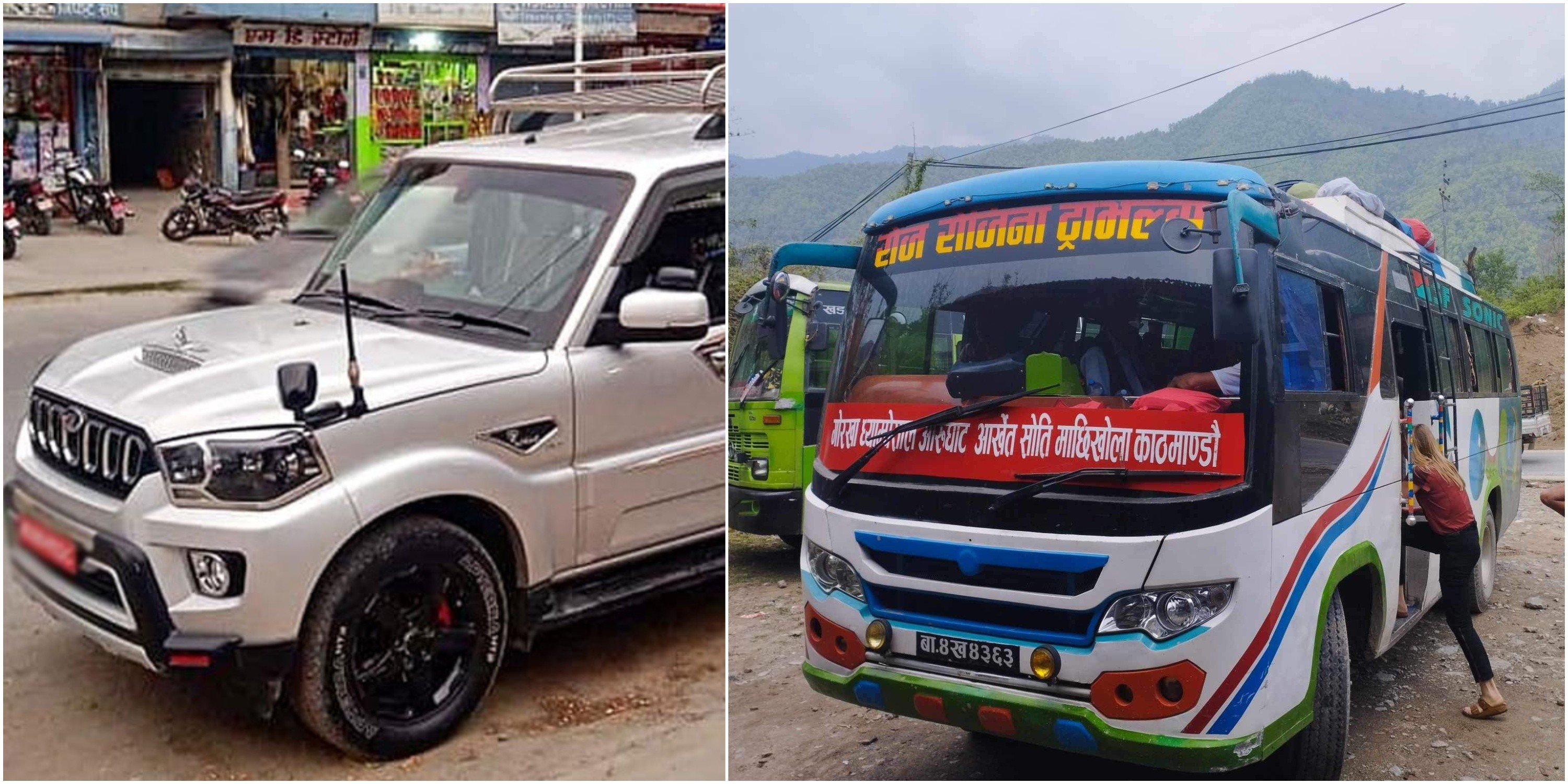 Private jeep and public bus on mountain road in Manaslu Trekk
