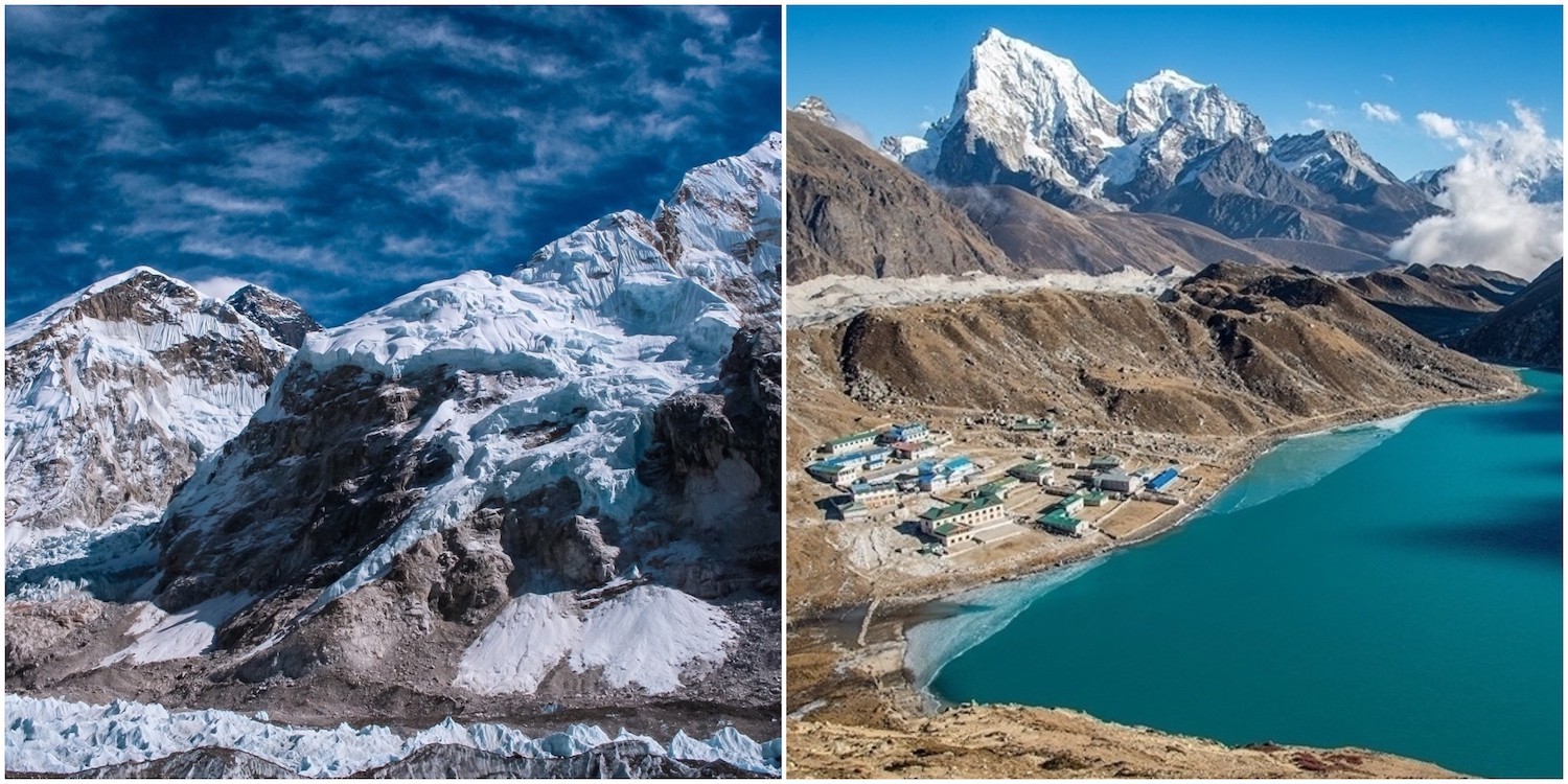 Image of the Everest Base Camp Trek featuring the Khumbu Icefall near Everest Base Camp and the stunning Gokyo Lake in Nepal's Everest region."