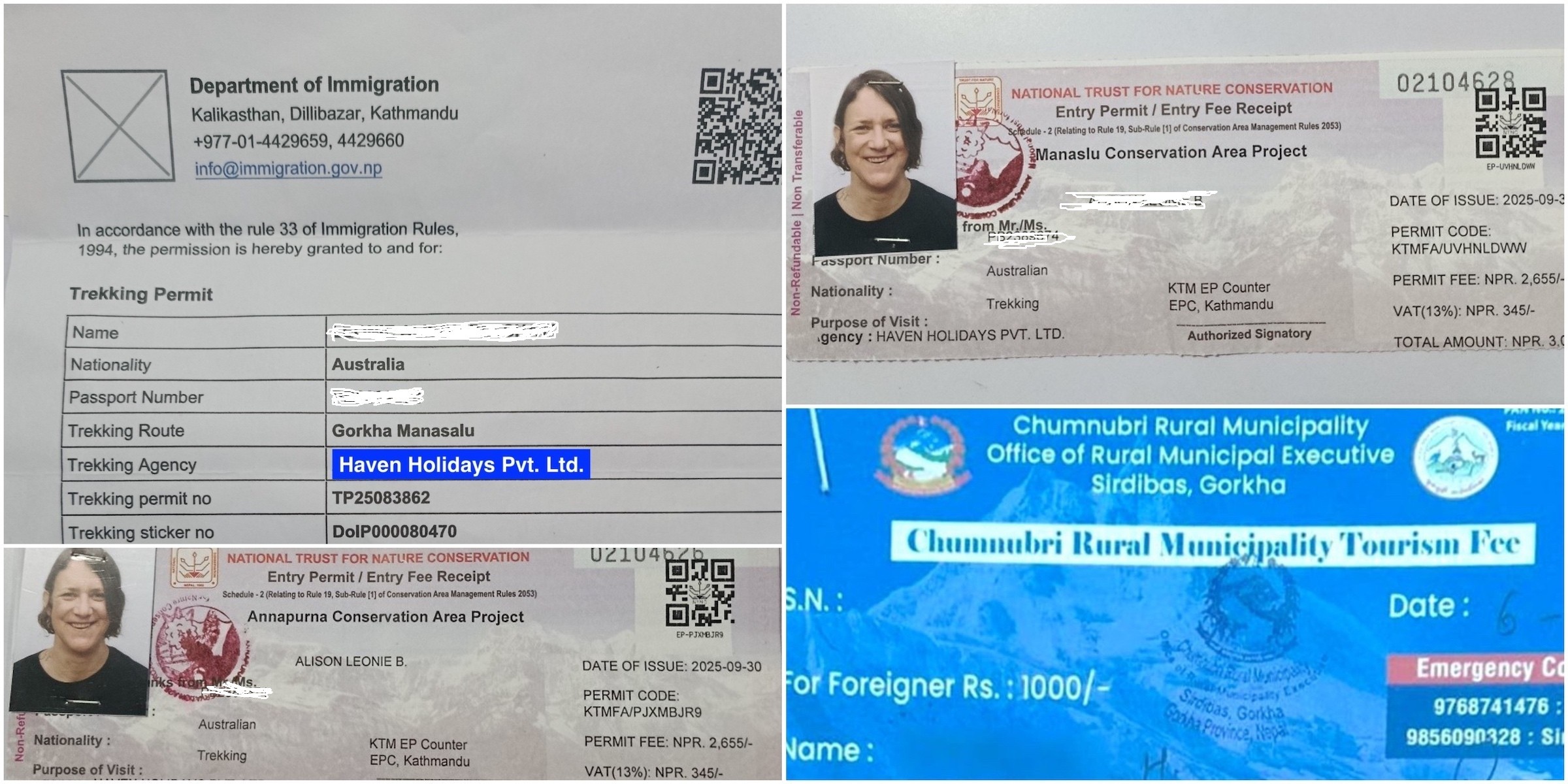 Trekking permit documents issued for Himalayan trekking in Nepal, including official entry permits required for restricted area and conservation region treks.
