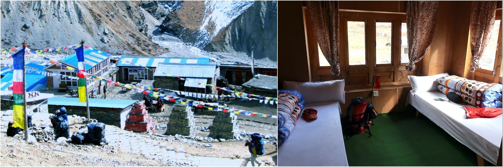 Teahouse accommodation along the Annapurna Circuit Trek showing simple mountain lodges with dining areas and trekkers resting inside in the Himalayas.
