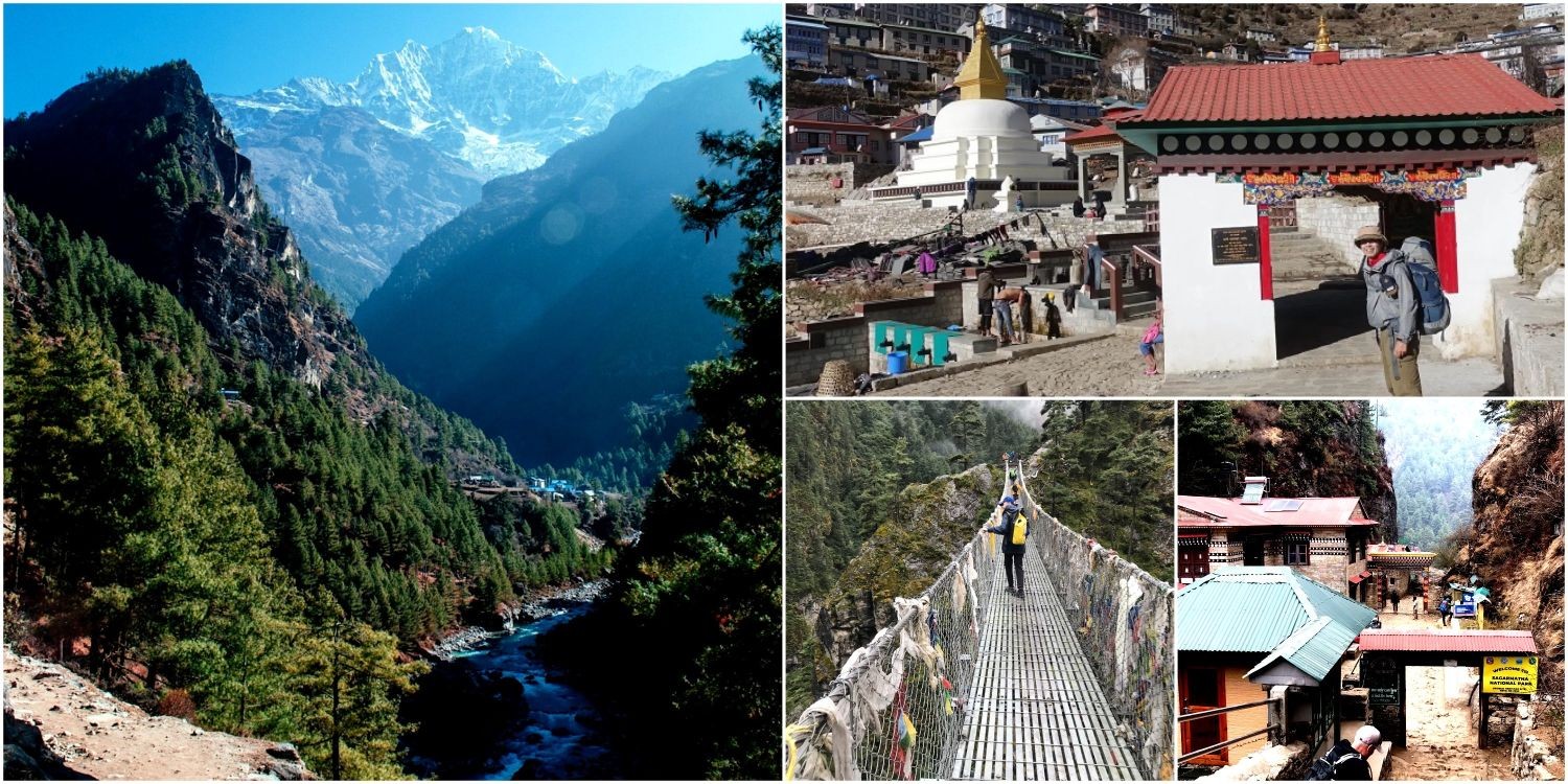 "Collage of Phakding on the Everest Base Camp Trek featuring the Dudh Koshi River valley, Sherpa monastery, suspension bridge, Sagarmatha National Park entrance, and scenic Himalayan landscapes"