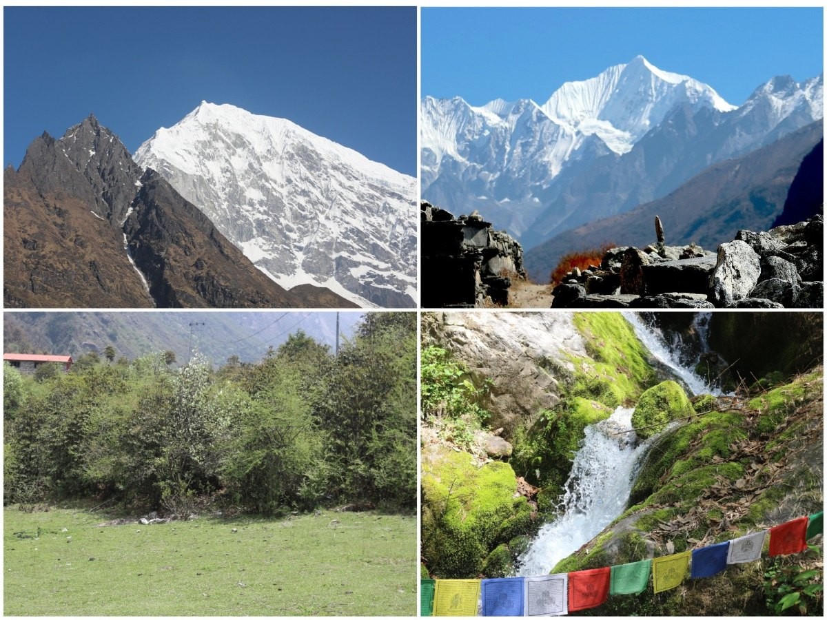 Joined highlight photo of trekkers in Langtang Valley Trek showcasing rivers, forests, alpine villages, and snow-capped Himalayan peaks