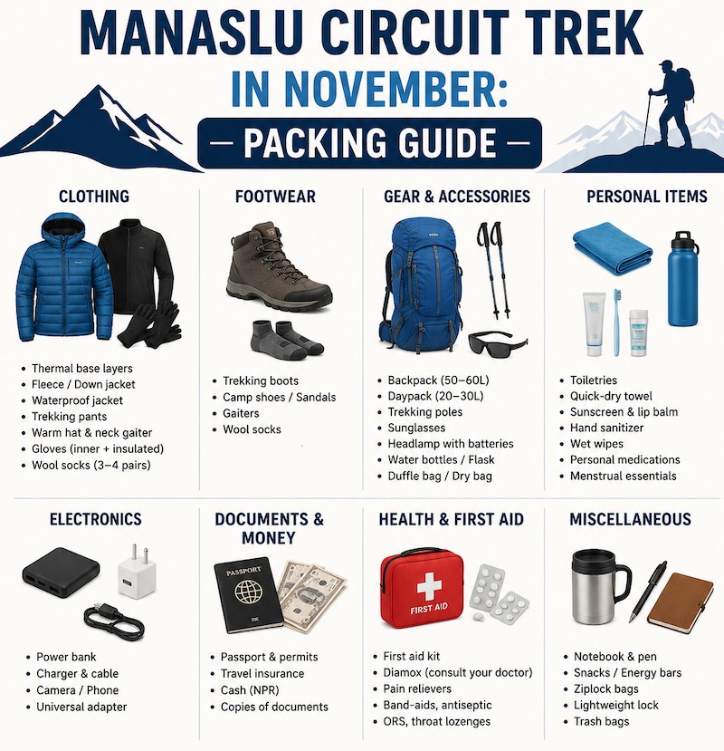 Complete November trekking packing checklist for the Manaslu Circuit, featuring a backpack, thermal layers, fleece, down jacket, waterproof shell, trekking boots, microspikes, sleeping bag, trekking poles, gloves, beanie, sunglasses, headlamp, power bank, water bottle, and first-aid kit.