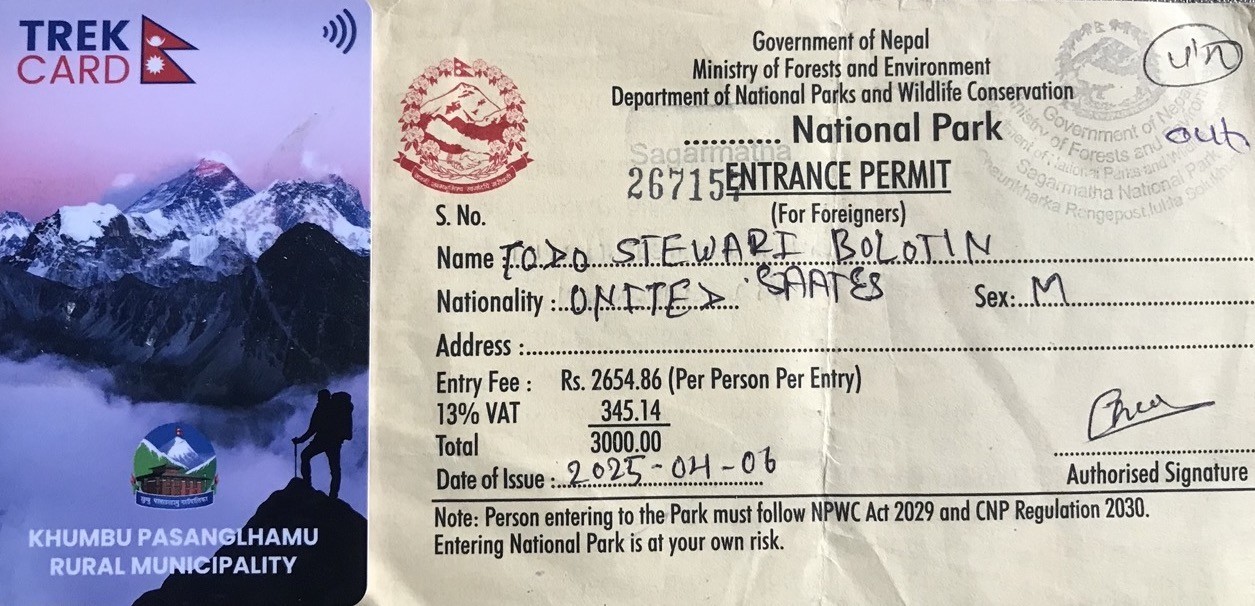 Everest Base Camp trekking permits, including the Sagarmatha National Park Entry Permit and Khumbu Pasang Lhamu Rural Municipality Permit, required for trekking in the Everest region.