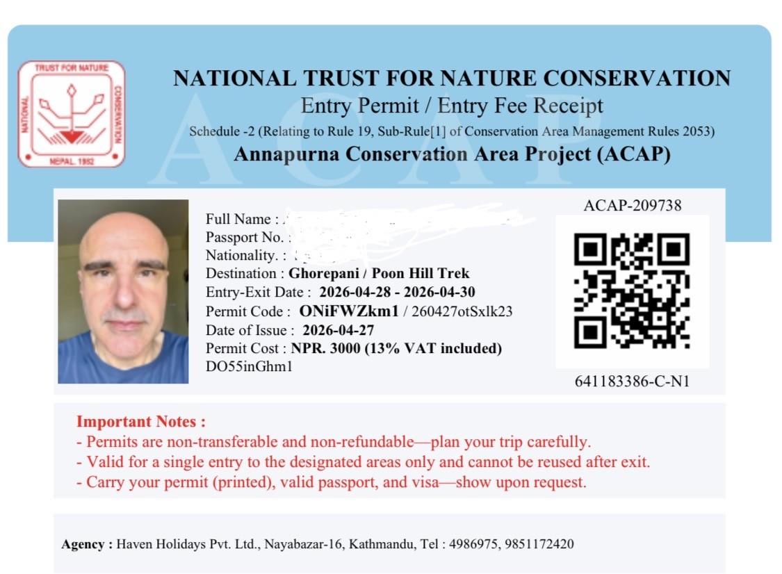 ACAP trekking permit for Poon Hill Trek in Annapurna region Nepal issued by Haven Holidays Pvt. Ltd.