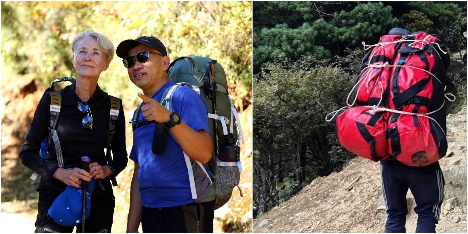 Professional trekking guide and porter leading hikers along the Mardi Himal Trek, carrying backpacks on a scenic mountain trail with Machapuchare (Fishtail) and the Annapurna Himalayas in the background.