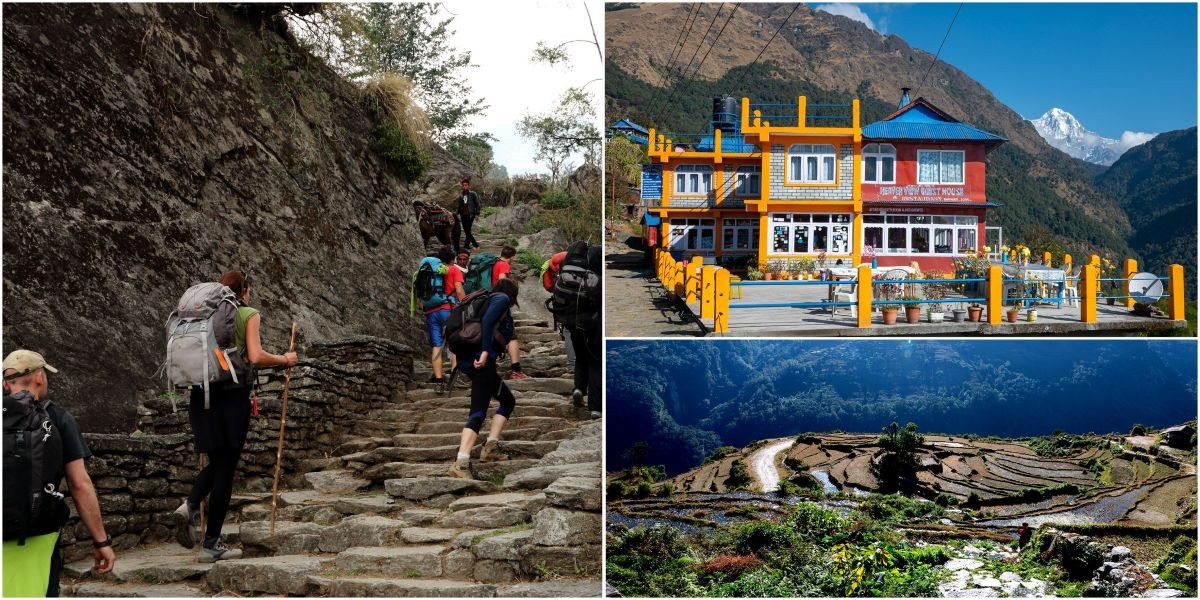 Trekkers walking stone steps along the Annapurna Base Camp Trek route, passing terraced farmlands, traditional hillside villages, and teahouse accommodation areas with Himalayan mountains in the background.
