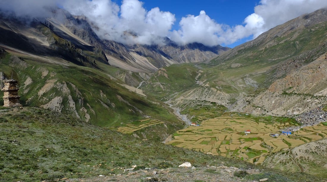 Traditional terraced farming landscape in Nepal Himalayan villages featuring colorful fields, rural lifestyle and Annapurna region (Nar Phu Valley) scenery