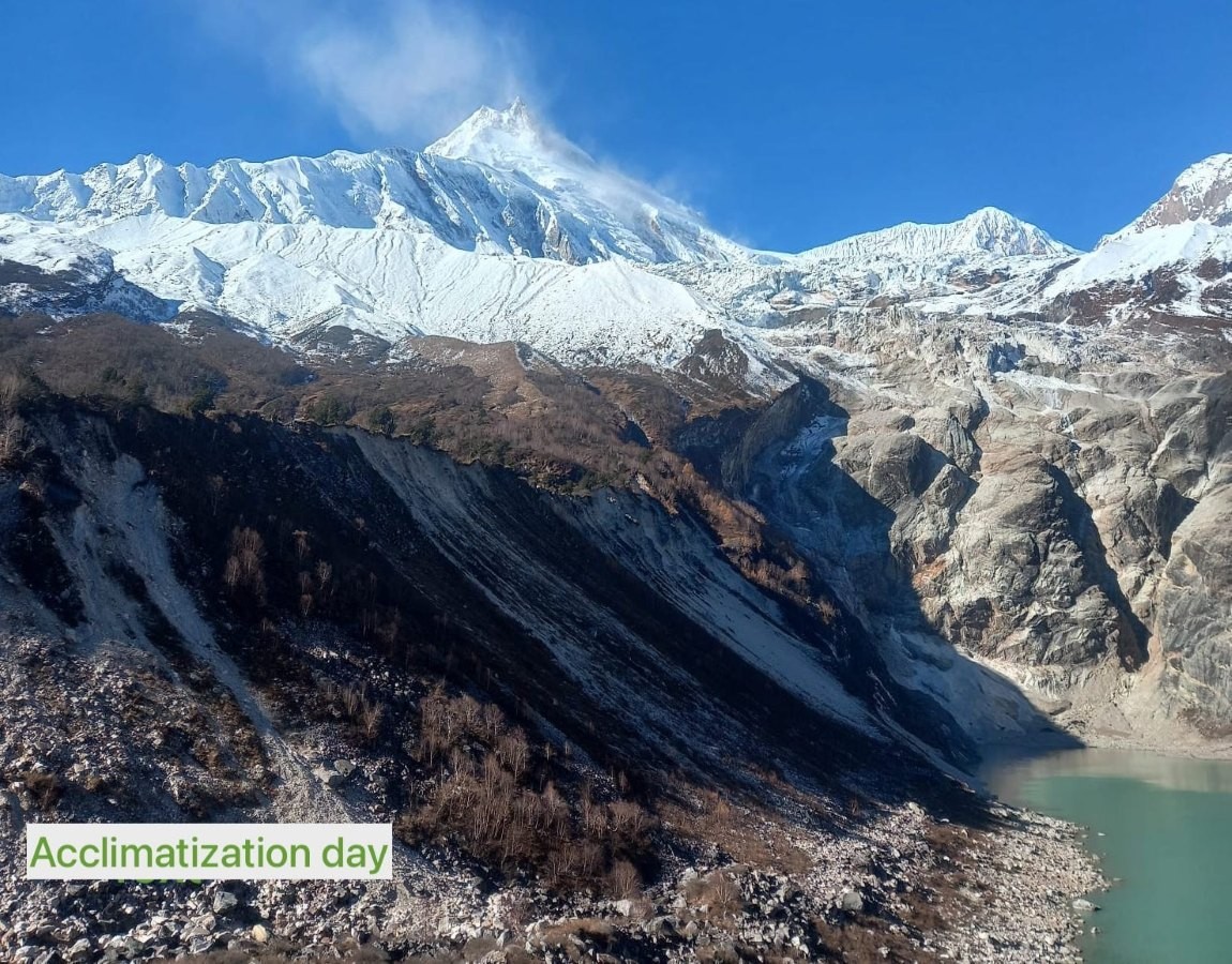 Birendra Lake below Manaslu with glacier, snow-covered peaks, and rugged landscape during the Samagaun acclimatization day on the Manaslu Circuit Trek.