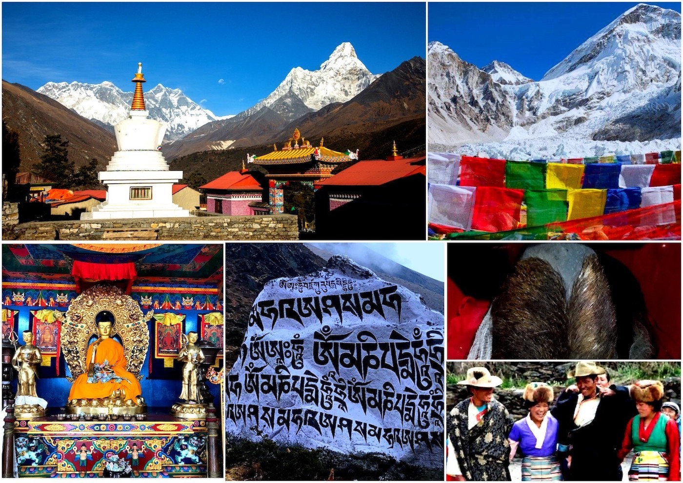 "Collage of Sherpa culture in Nepal's Everest region featuring Tengboche Monastery, Buddhist stupa, mani stone, prayer flags, Yeti scalp relic, traditional Sherpa people, and Himalayan mountain landscapes."