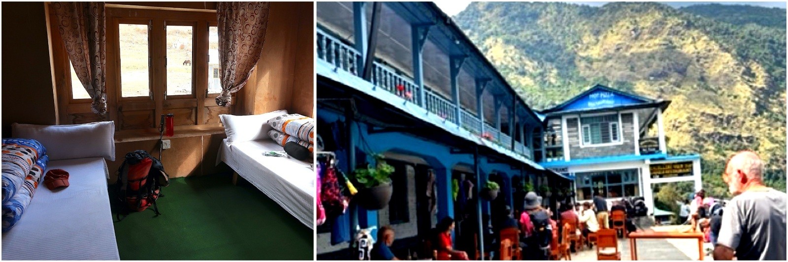 Cozy mountain lodge room on the Annapurna Base Camp Trek with twin beds, warm blankets, wooden walls, and a window overlooking the Himalayan mountains.