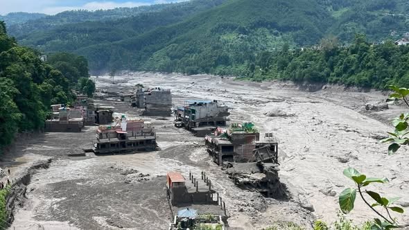 Flood damage in Syabrubesi following the August 26, 2026 flash flood, affecting roads and infrastructure along the Langtang Valley access route.