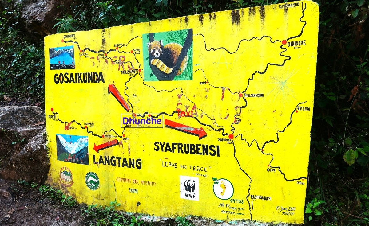 Dhunche trekking map showing routes to Langtang Valley and Gosainkunda in Nepal