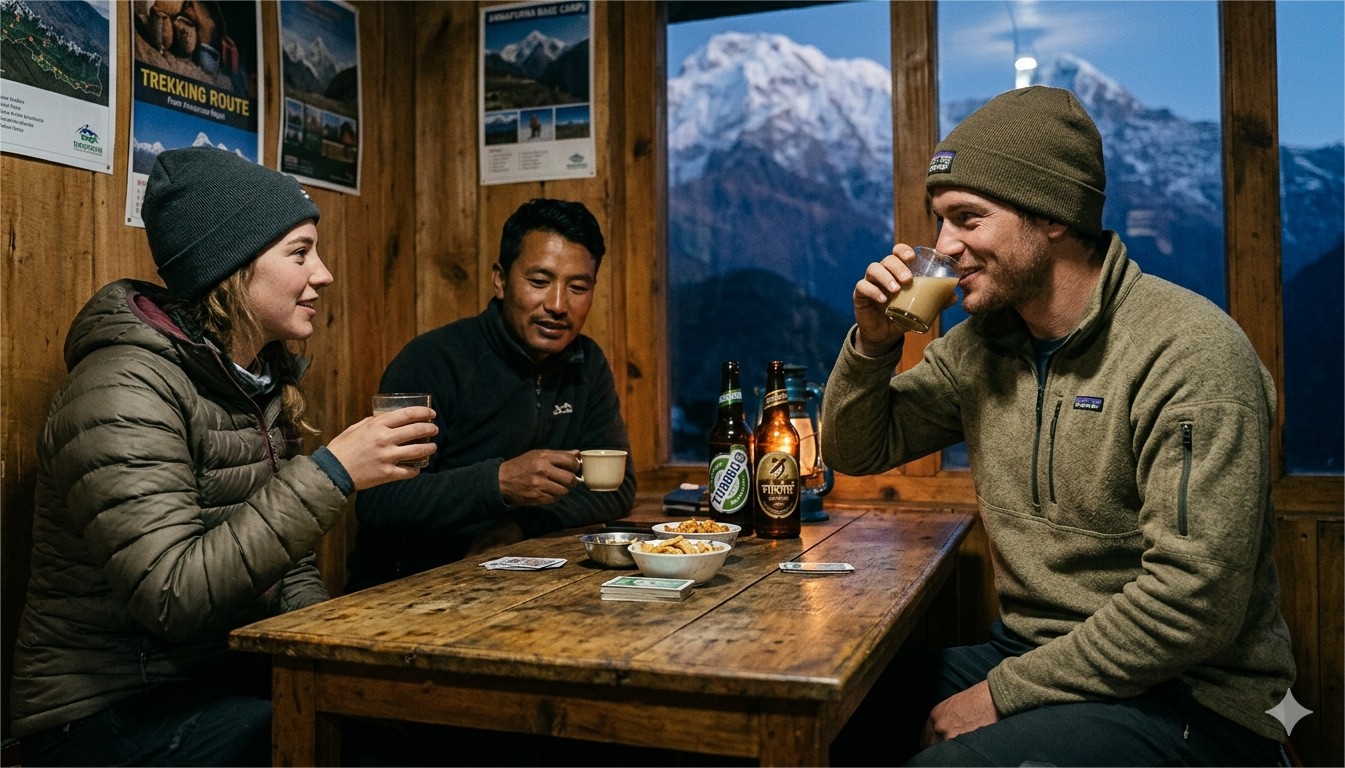 Trekkers relaxing and playing cards inside a mountain lodge after a day of hiking