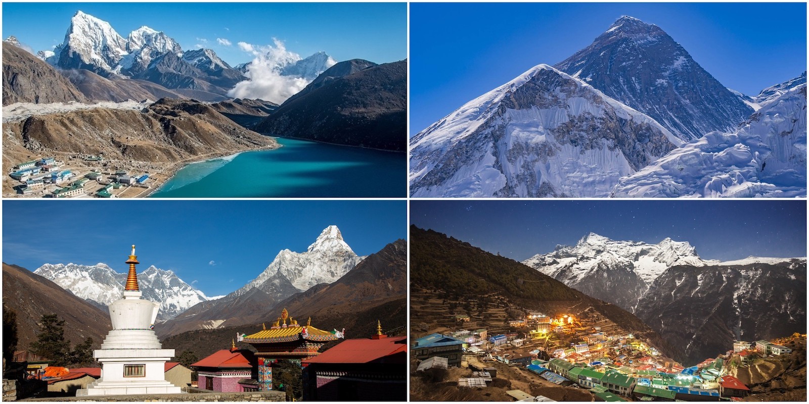 "Collage of Everest Region trekking highlights featuring Mount Everest, Gokyo Lakes, Tengboche Monastery, and Namche Bazaar during a Himalayan trekking adventure in Nepal." 