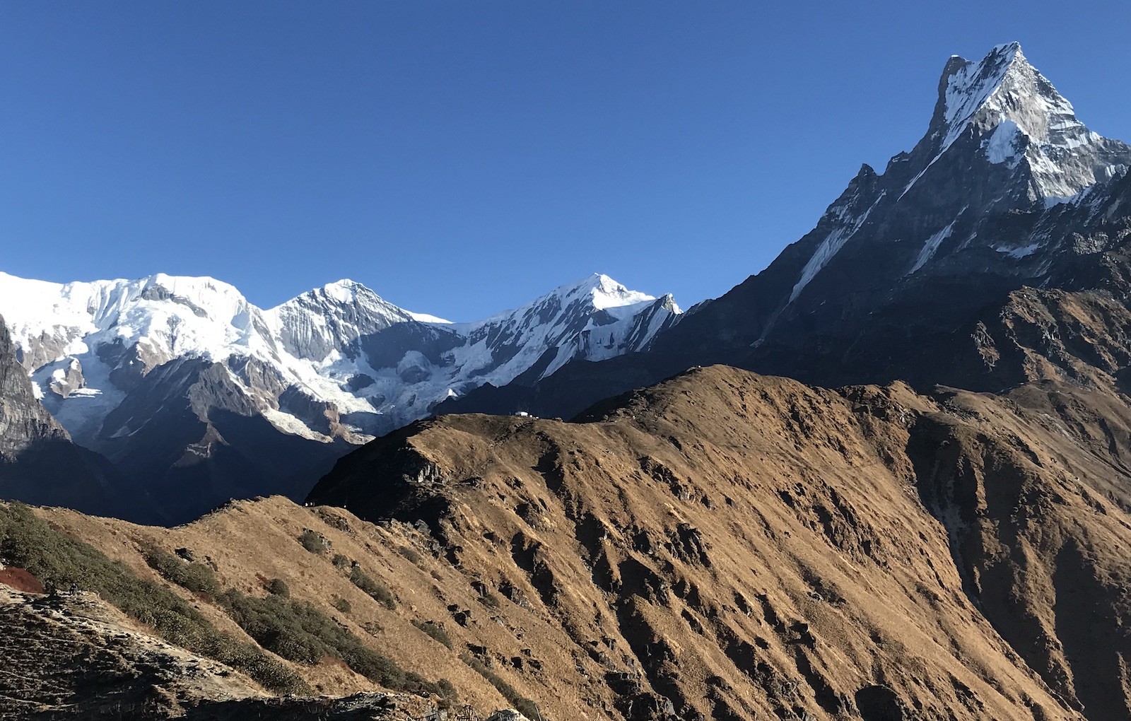 Panoramic view from Mardi Himal Viewpoint featuring Machapuchare (Mt. Fishtail), the Annapurna range, dramatic ridgelines, and clouds below the Himalayan peaks.