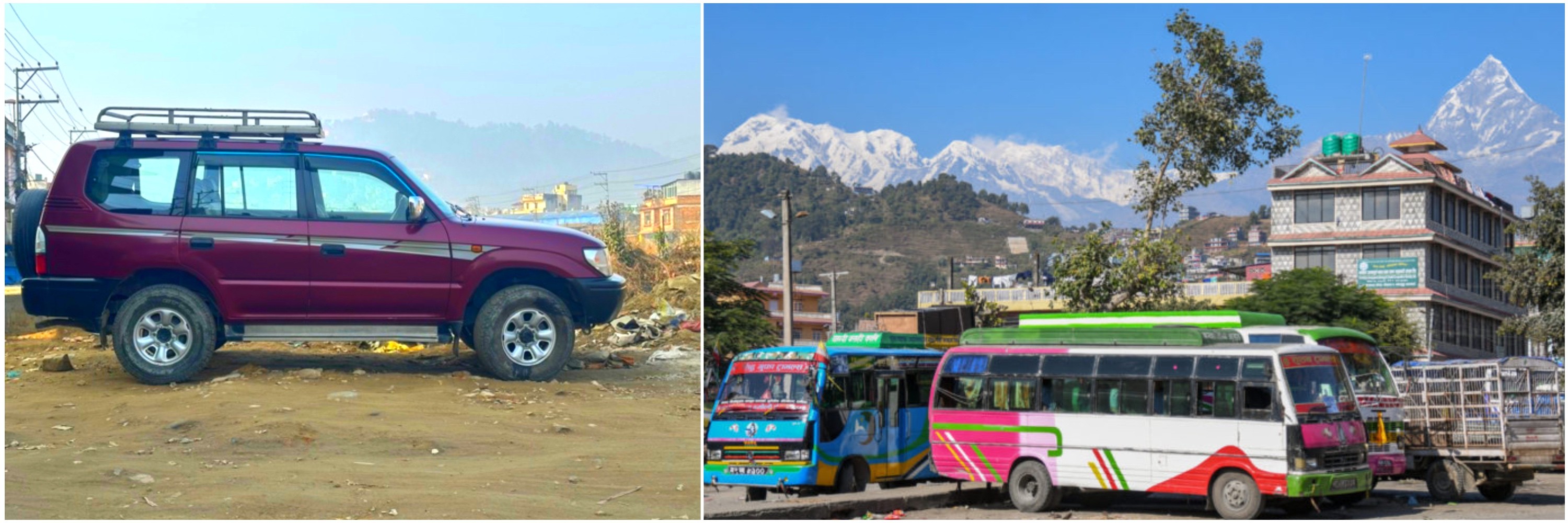 Private jeep and tourist buses in Pokhara with panoramic views of Machhapuchhre (Fishtail) and the Annapurna range, representing transportation to the starting point of the Annapurna Base Camp Trek via Poon Hill.