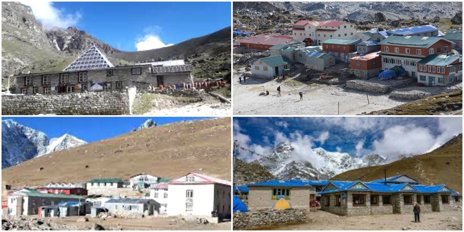 Mountain lodges in Lobuche and Gorak Shep on the Everest Base Camp Trek, surrounded by rugged alpine terrain, glaciers, and snow-covered Himalayan peaks.