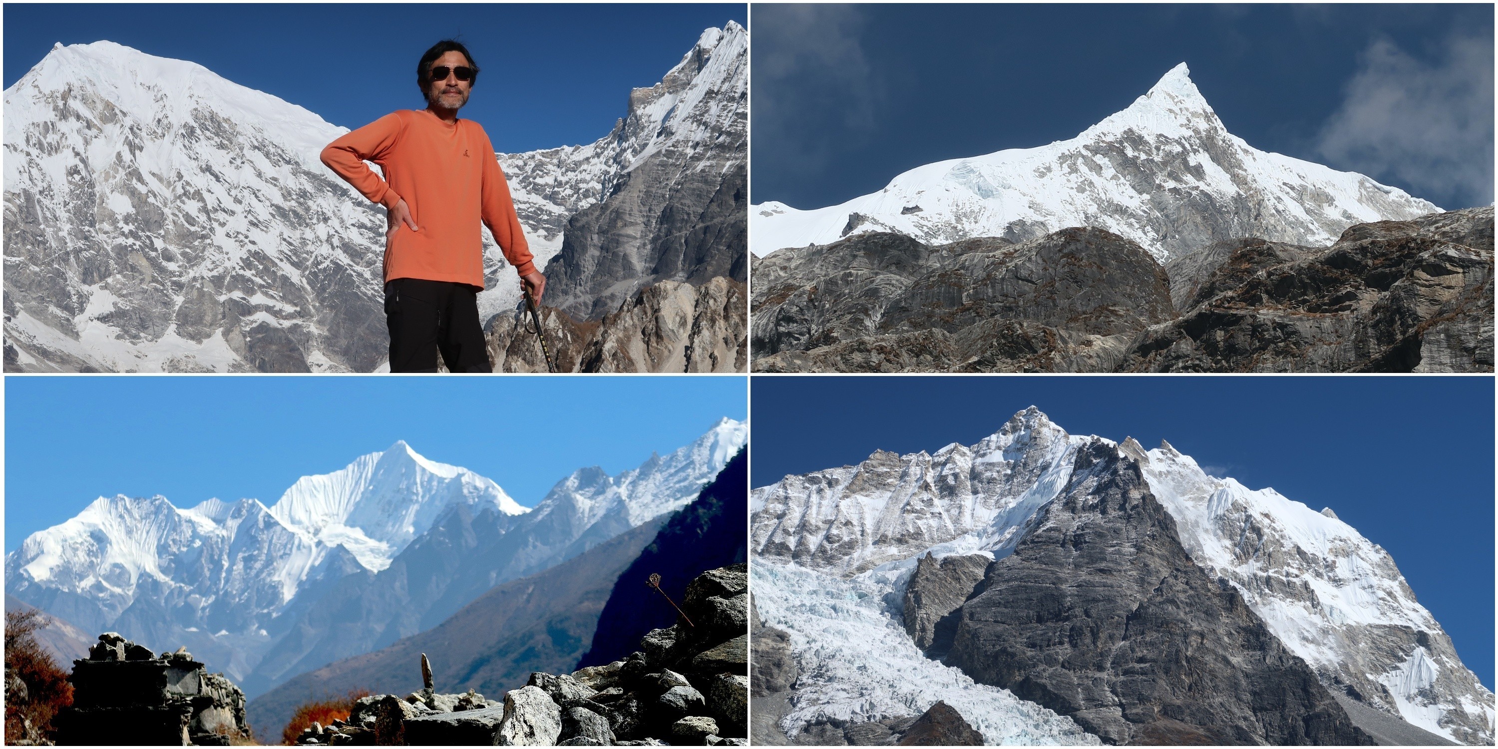 Collage of spectacular mountain views along the Langtang Valley Trek, featuring snow-capped Himalayan peaks, glaciers, alpine landscapes, and panoramic viewpoints in Langtang Valley, Nepal.