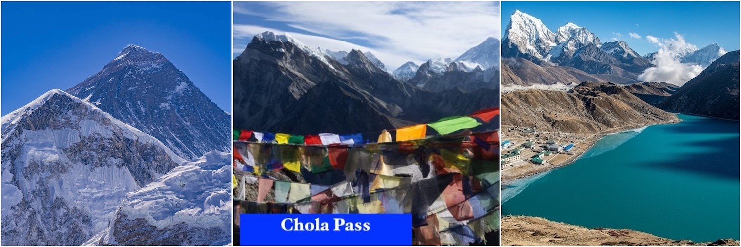 "Everest Base Camp, Gokyo Lakes, and Cho La Pass Trek showcasing turquoise Gokyo Lakes, Cho La Pass, Khumbu Glacier, and Mount Everest in Nepal's Everest region."