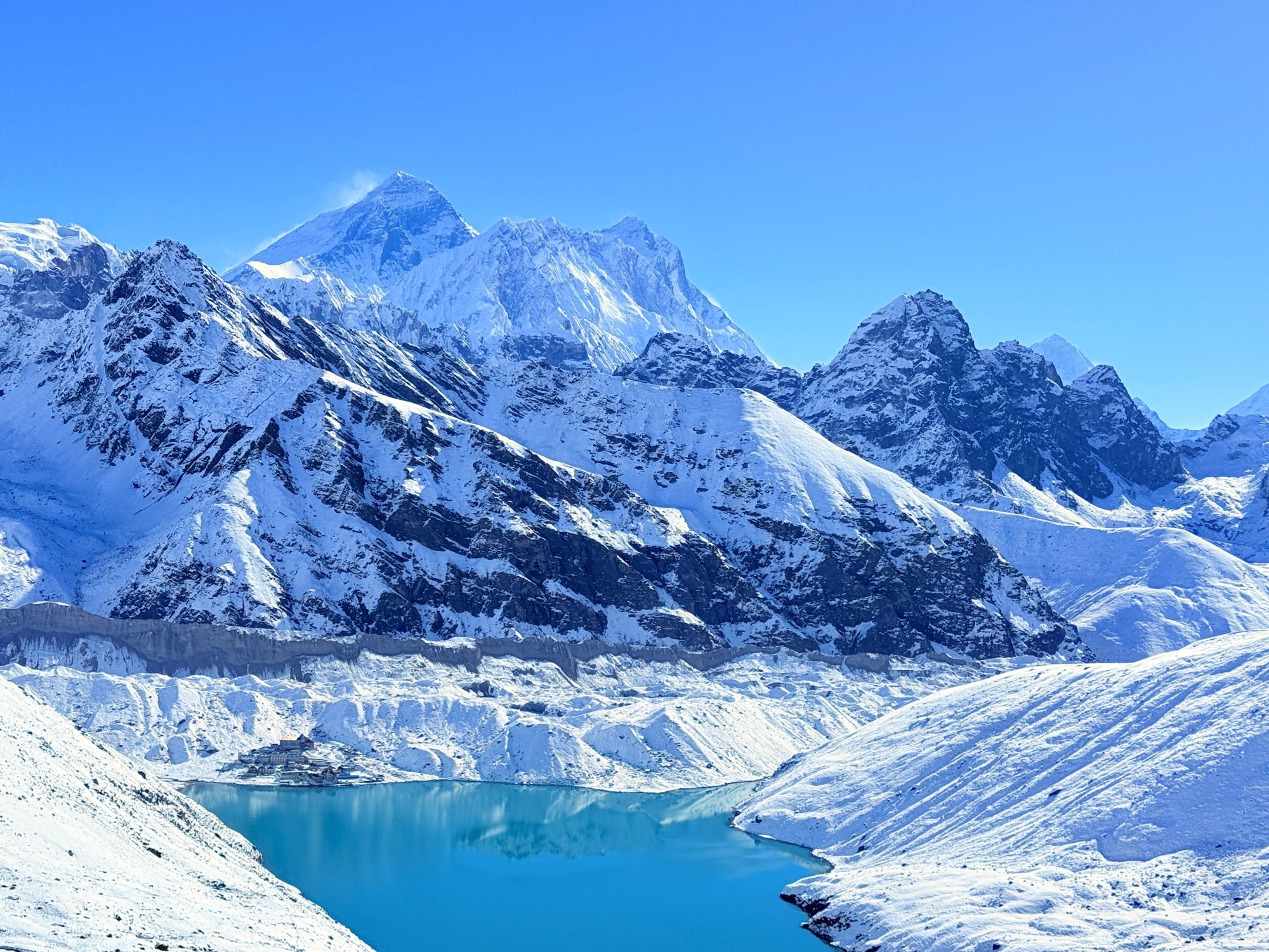 Panoramic view from Gokyo Ri featuring Mount Everest, Lhotse, Makalu, the turquoise Gokyo Lakes, and the surrounding snow-covered Himalayan peaks.